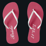 Bride Flip Flops<br><div class="desc">Do you have a beach wedding coming up? Maybe you just want to kick off the heals and dance with some flips flops.  These are for you.  Change the background colour to match your theme and select your wedding date.  Fun,  cute and a great memory.</div>