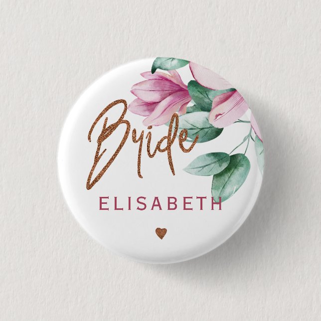 Bride floral pink copper typography bridal shower 3 cm round badge (Front)