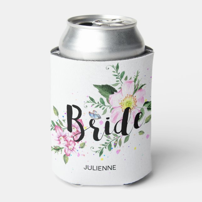 Bride Floral Watercolor Wedding Can Cooler (Can Front)