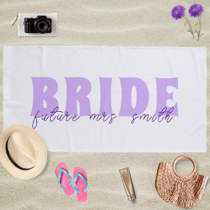 Bride Future Mrs. Custom Name White and Lavender Beach Towel