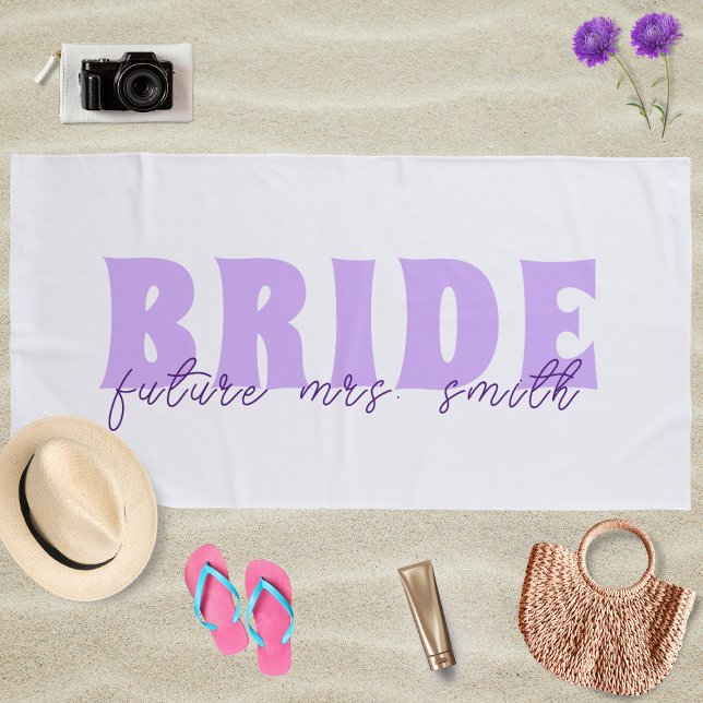 Bride Future Mrs. Custom Name White and Lavender Beach Towel (Creator Uploaded)