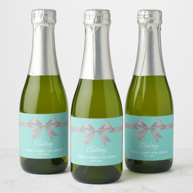 BRIDE Glam Touch Silver Teal Blue Tiara Party Mini Sparkling Wine Label (Bottles)