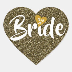 Bride Gold Date Heart Glitter Personalised Heart Sticker
