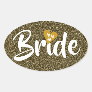 Bride Gold Date Heart Glitter Personalised Oval Sticker
