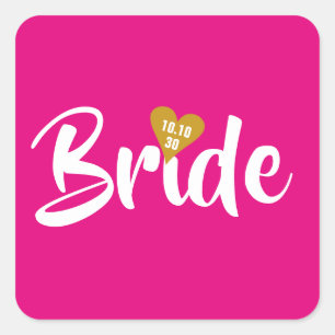 Bride Gold Date Heart Personalised Square Sticker