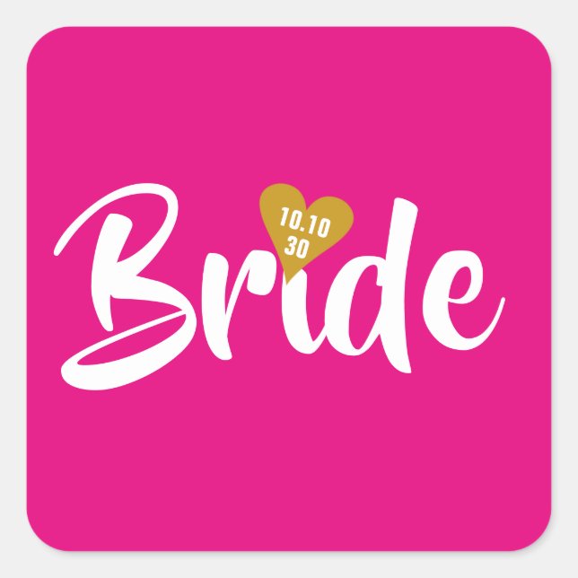 Bride Gold Date Heart Personalised Square Sticker (Front)