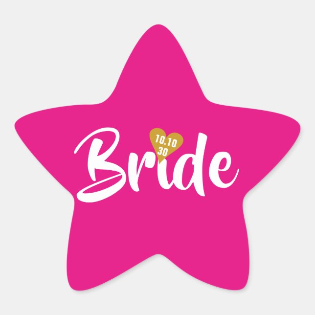 Bride Gold Date Heart Personalised Star Sticker (Front)