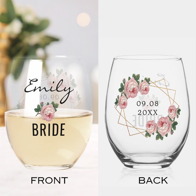 Bride Gold Glitter Geo Pink Floral Wedding Stemless Wine Glass (Bride Gold Glitter Geo Pink Floral Wedding Stemless Wine Glass)