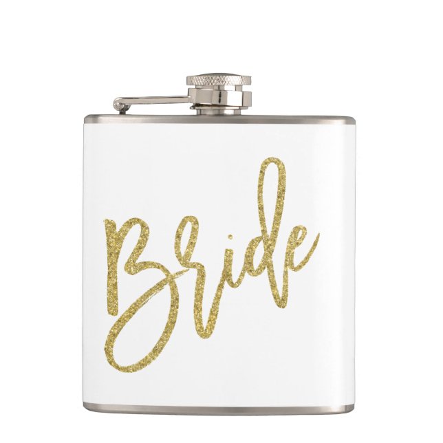 Bride Gold Glitter Script Hip Flask (Front)