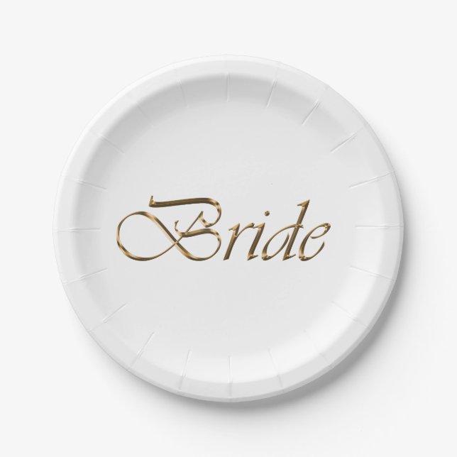 Bride, gold script elegant chic bridal shower paper plate (Front)
