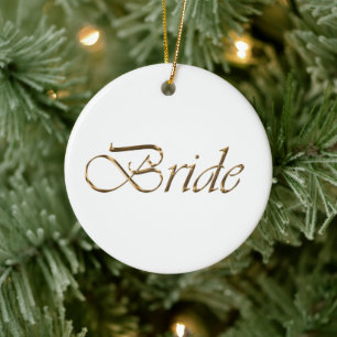 Bride, gold script elegant chic calligraphy white ceramic tree decoration