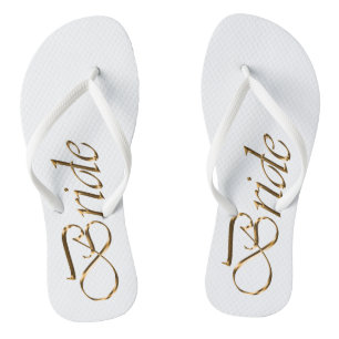 Bride, gold script elegant chic wedding flip flops