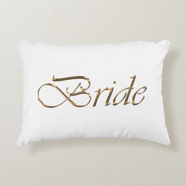 Bride, gold script elegant chic white decorative cushion (Front)