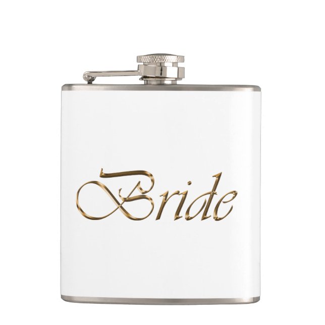 Bride, gold script elegant chic white hip flask (Front)