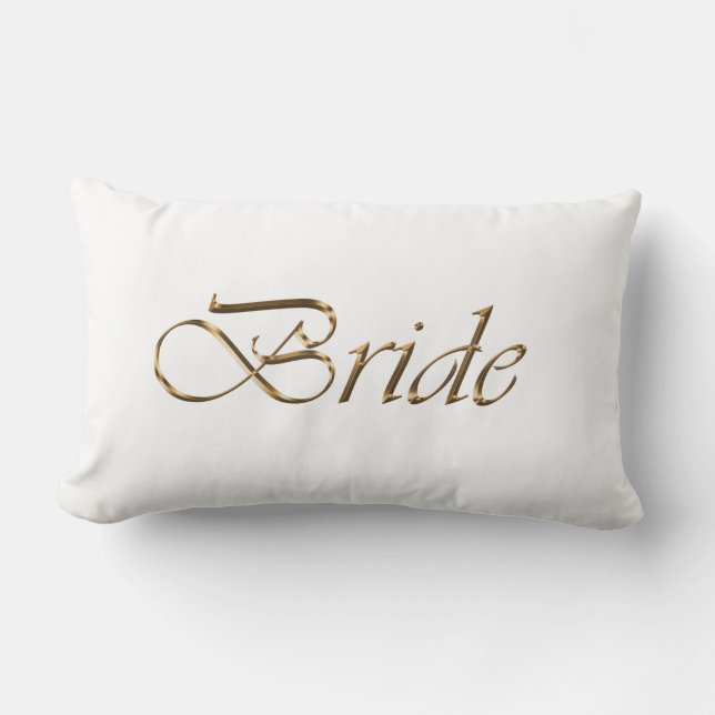 Bride, gold script elegant chic white lumbar cushion (Front)