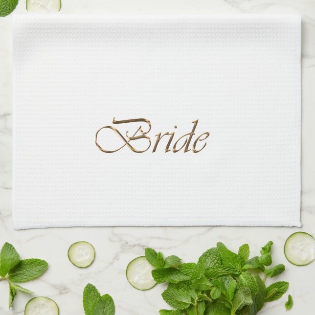 Bride, gold script elegant chic white tea towel (Folded)