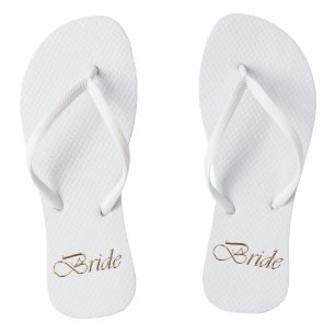 Bride, gold script elegant chic white wedding flip flops