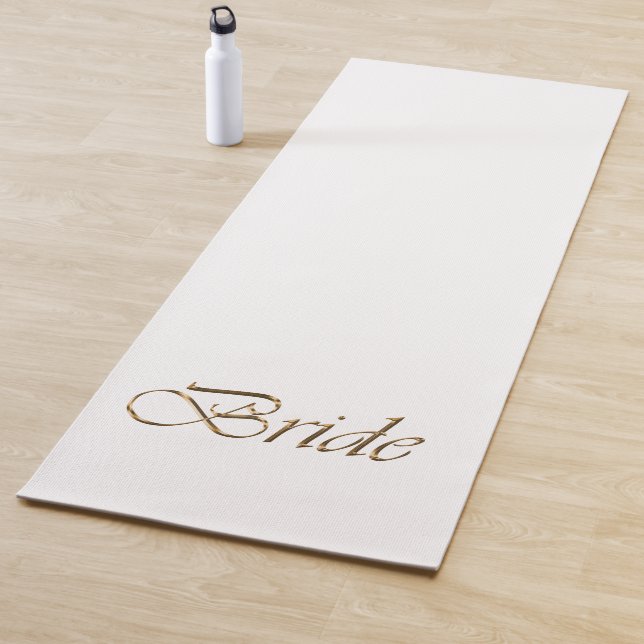 Bride, gold script elegant chic white wedding yoga mat (In Situ)