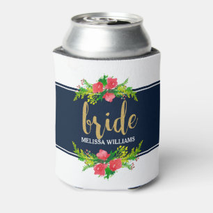 Bride-Gold Text, Floral Bouquet On White & Blue Can Cooler