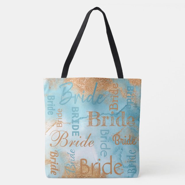 Bride Gold Turquoise Script Modern Wedding Tote Bag (Front)