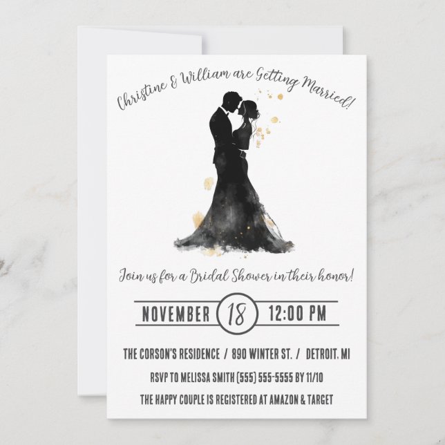 Bride & Goom Silhouette, Monochrome Bridal Shower Invitation (Front)