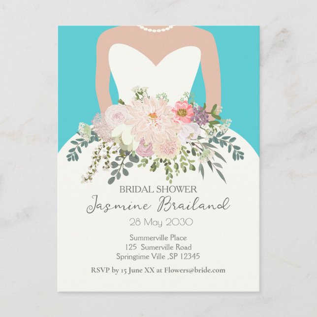 Bride Gown with Floral Bouquet Bridal Shower  Postcard (Front)