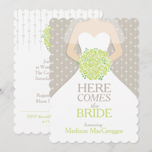 Bride green bouquet graphic bridal shower invite
