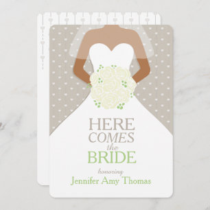 Bride green white roses bouquet bridal shower invitation