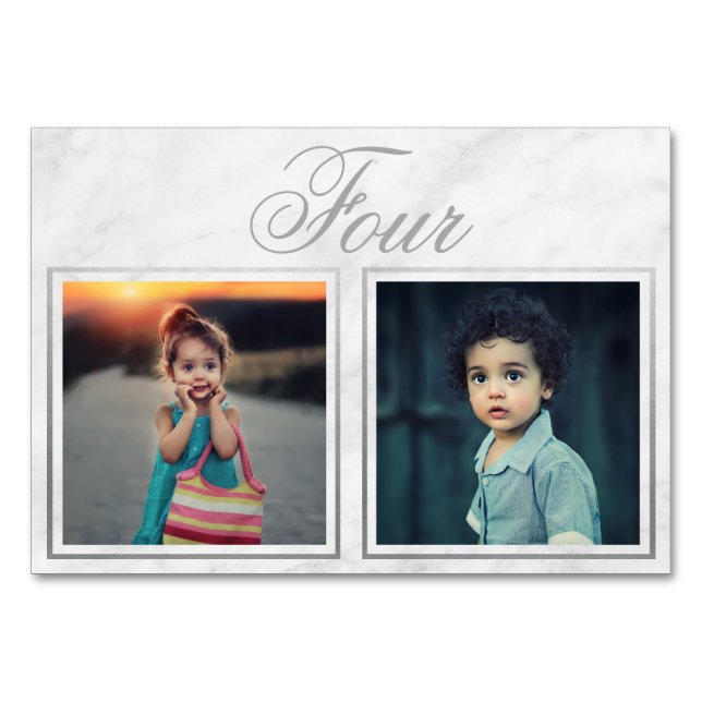 Bride Groom Age Elegant Marble Silver Table Number (Front)