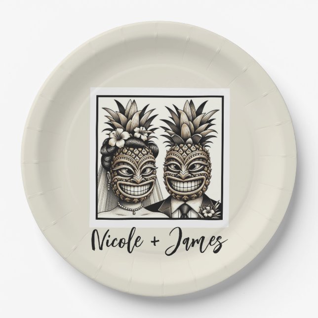 Bride & Groom Aloha Pineapple Tiki Wedding  Paper Plate (Front)