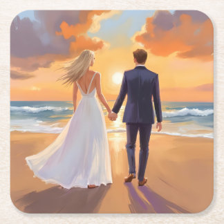 Bride & Groom Beach Wedding Watercolor Square Paper Coaster