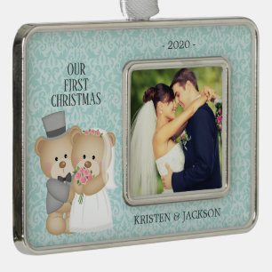 Bride & Groom Bears Photo First Christmas Silver Plated Framed Ornament