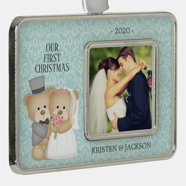 Bride & Groom Bears Photo First Christmas Silver Plated Framed Ornament (Right)