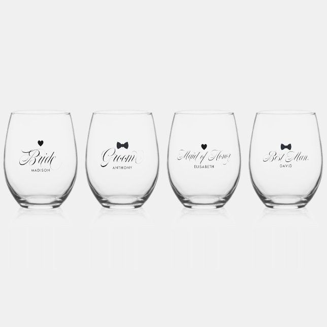 Bride, Groom, Best Man, Maid Of Honour Elegant Tex Stemless Wine Glass (Front)