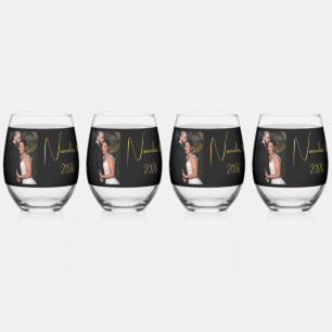 Bride & Groom Black & Gold Personalised Photo Stemless Wine Glass