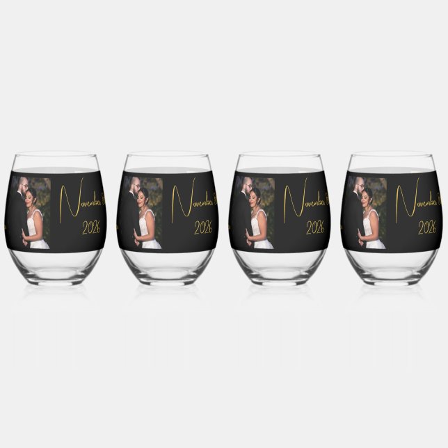 Bride & Groom Black & Gold Personalised Photo Stemless Wine Glass (Back)