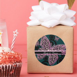 Bride Groom Butterflies Swirl Purple Black White Classic Round Sticker