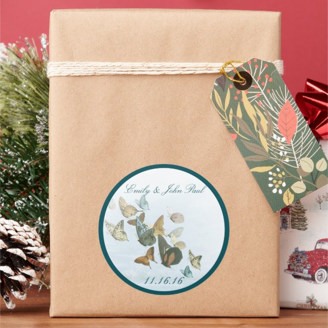 Bride & Groom Butterflies Swirls Deep Teal Classic Round Sticker (Holiday)