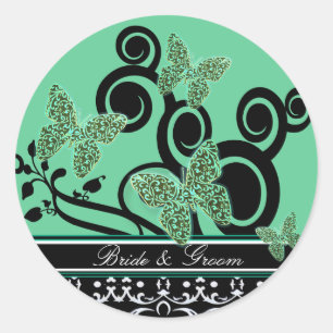 Bride & Groom Butterflies Swirls Green Black White Classic Round Sticker