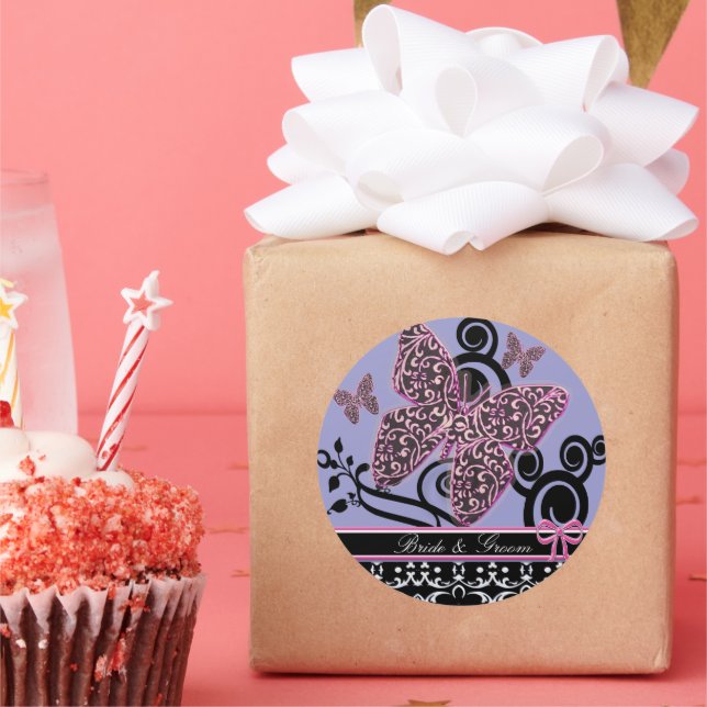Bride & Groom Butterflies Swirls Pink Black &White Classic Round Sticker (Party)