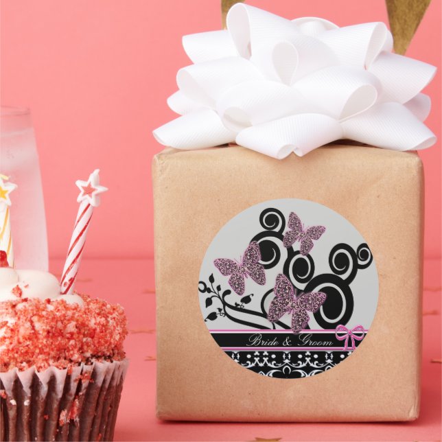 Bride & Groom Butterflies Swirls Pink Black &White Classic Round Sticker (Party)