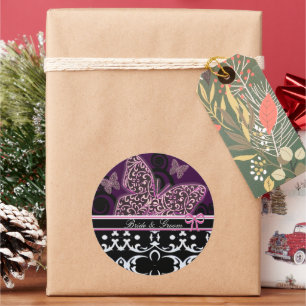 Bride & Groom Butterflies Swirls Pink Black &White Classic Round Sticker