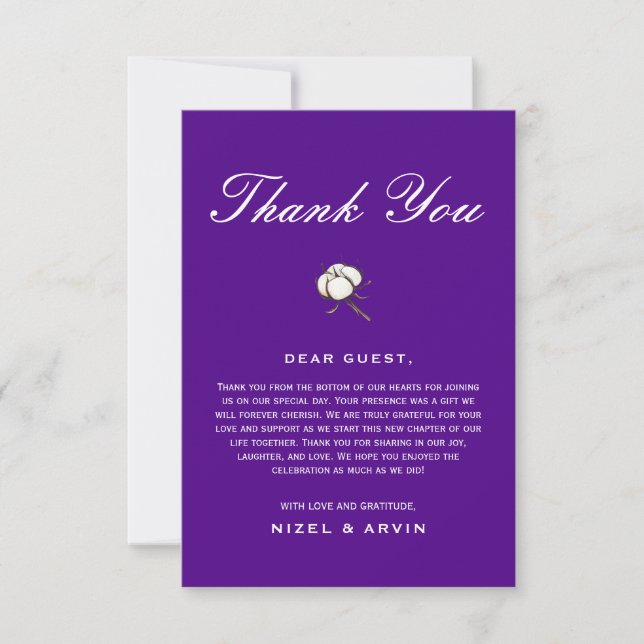 Bride Groom Cotton Purple Plum Elegant Wedding Thank You Card (Front)