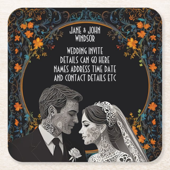 Bride & Groom delicate classic  Square Paper Coaster (Front)