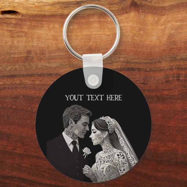 Bride & Groom Delicate White on Black Key Ring (Back)