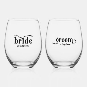 Bride, Groom Elegant Black Typography Stemless Wine Glass
