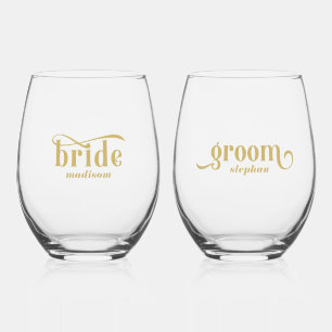 Bride, Groom Elegant Gold Typography Stemless Wine Glass