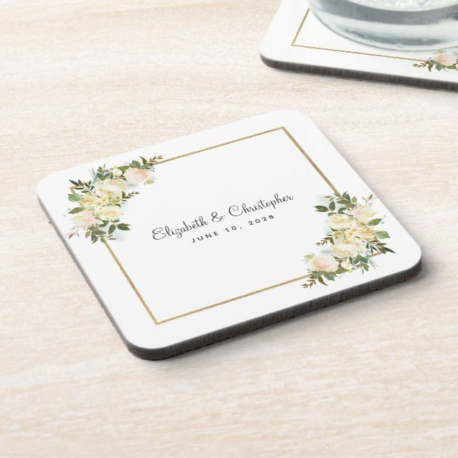 Bride Groom Elegant Rose Floral Wedding Keepsake Coaster (Left Side)