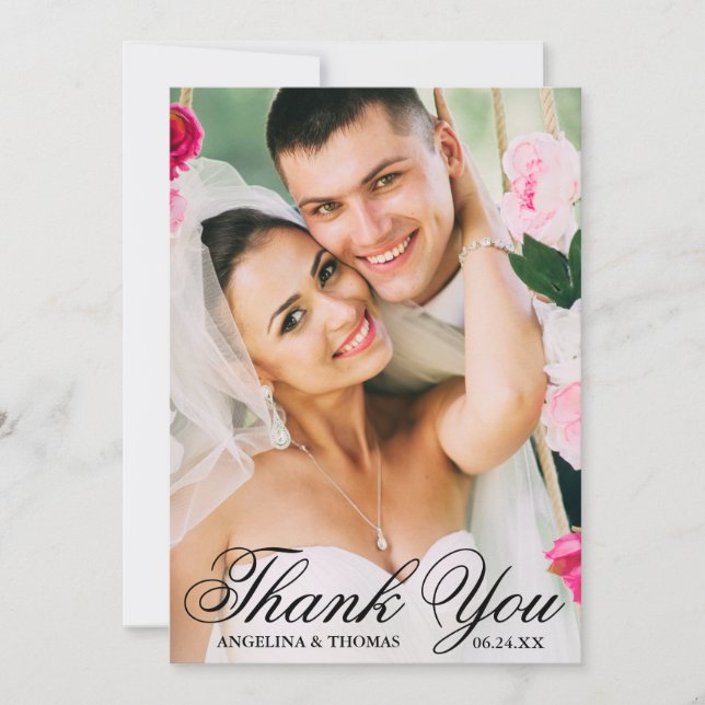 Bride & Groom Elegant Wedding Thank You Photo Card (Front)