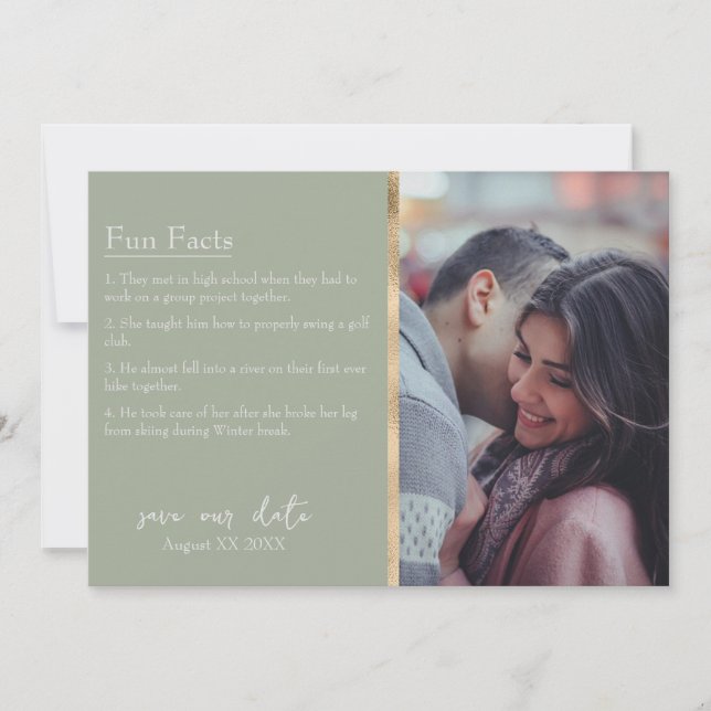Bride & Groom Facts Photo on Sage Green Invitation (Front)